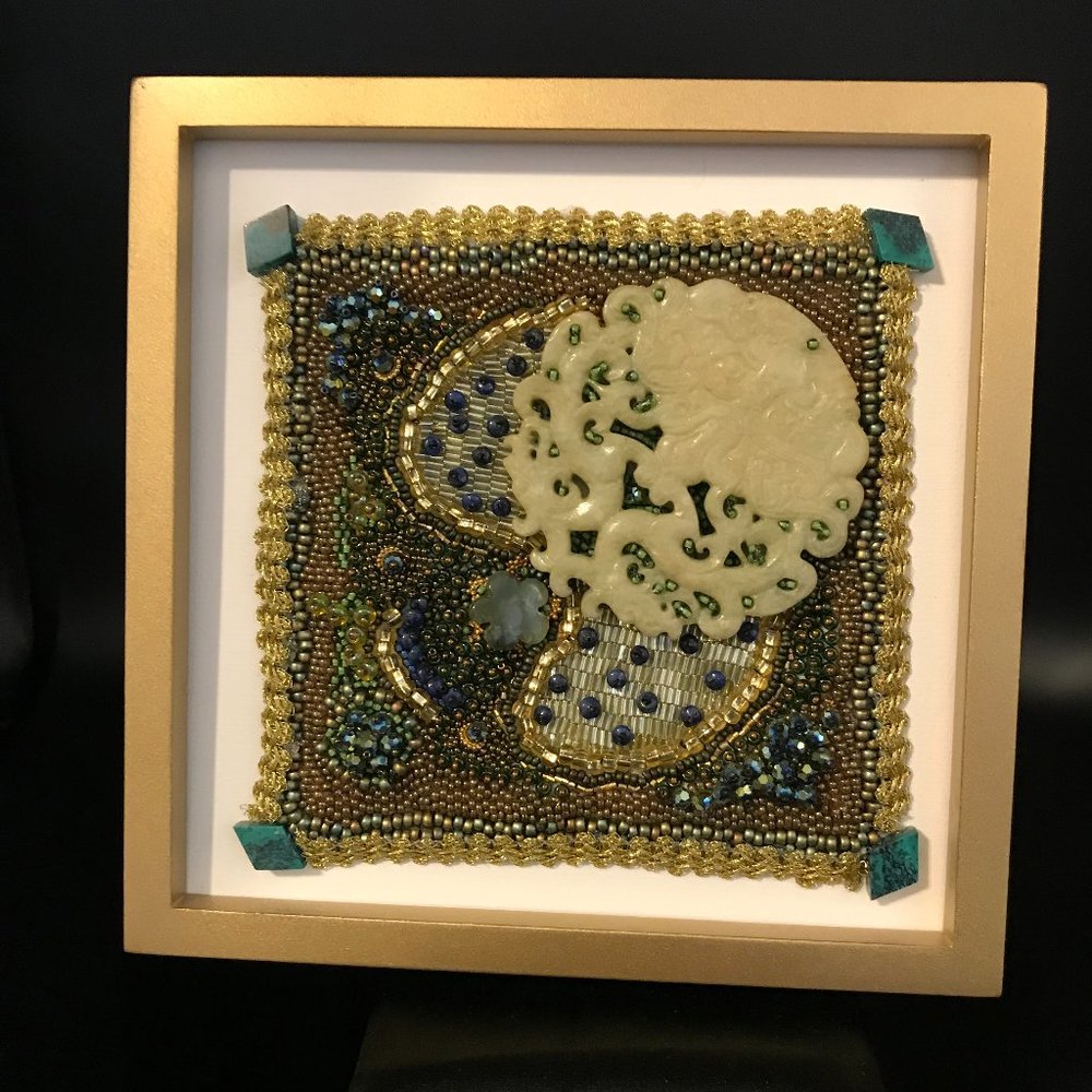 Framed beaded artwork with semiprecious stones